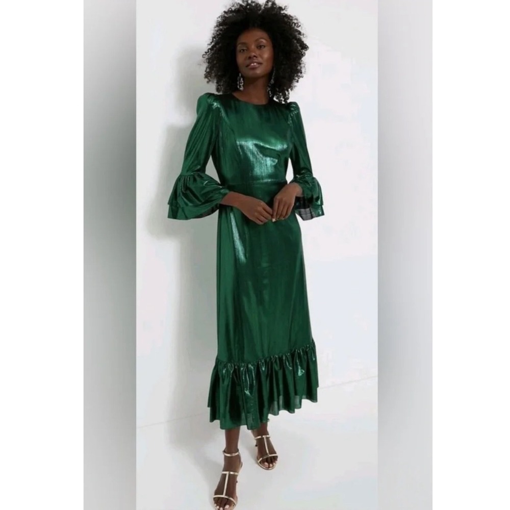 Pomander Place Lillith Emerald Green Metallic Ruffle Bell Sleeve Midi Dress XS